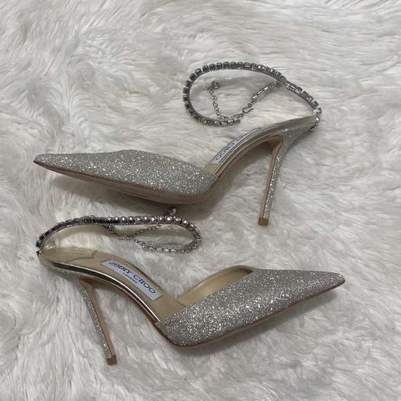 New Jimmy Choo Saeda 100 Platinum Ice‎ dusty glitter pumps size 38EU - Picture 4 of 15
